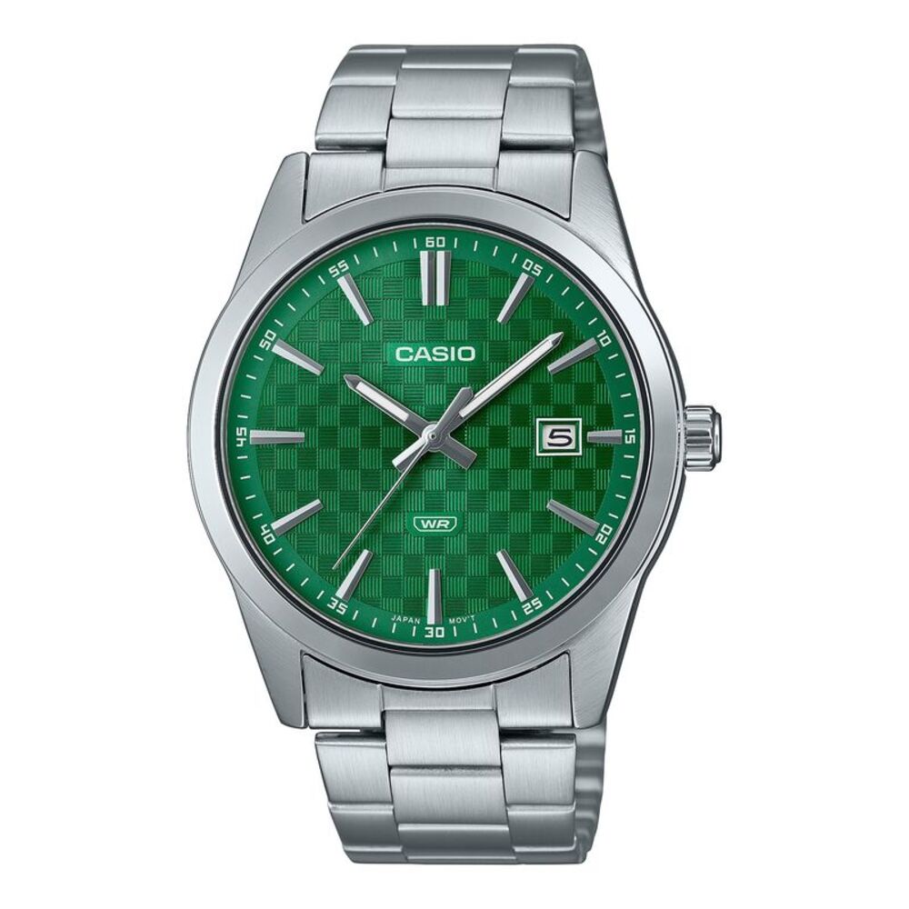 Casio Men’s Silver Stainless Steel Watch with Green Textured Dial –